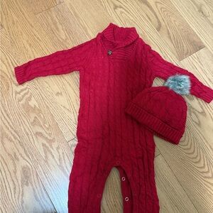 Tahari Red Cable Knit Kids One Piece with Pom Pom Hat